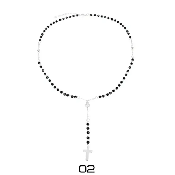 Collane con ciondolo a croce con nappa lunga semplice e pronta all'uso, perline di rosario fatte a mano, collana girocollo con catena e lucchetto_voghion.com