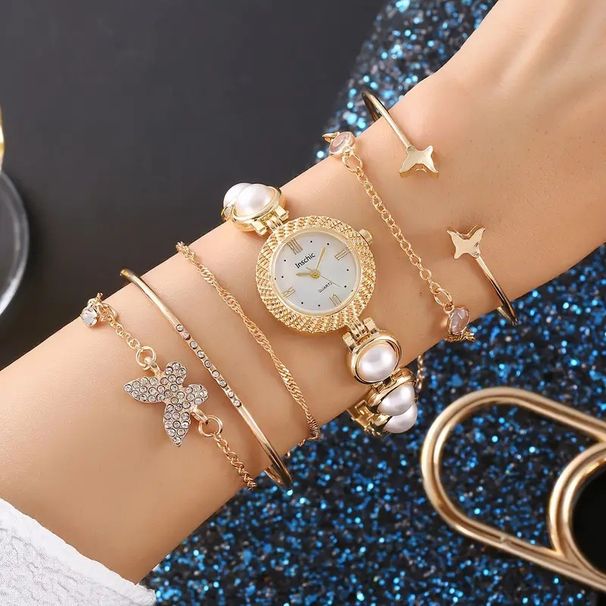 Orologio da donna di alta qualità, retrò, con perle fresche, al quarzo, con bracciale a farfalla, set da 6 pezzi_voghion.com