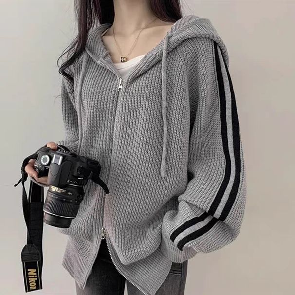 Women's Clothing Autumn Winter Minimalist Elegant Drawstring Hooded Oversized Long Sleeve Sweater Coat For Petite - Striped, Loose Fit, Polyester_voghion.com