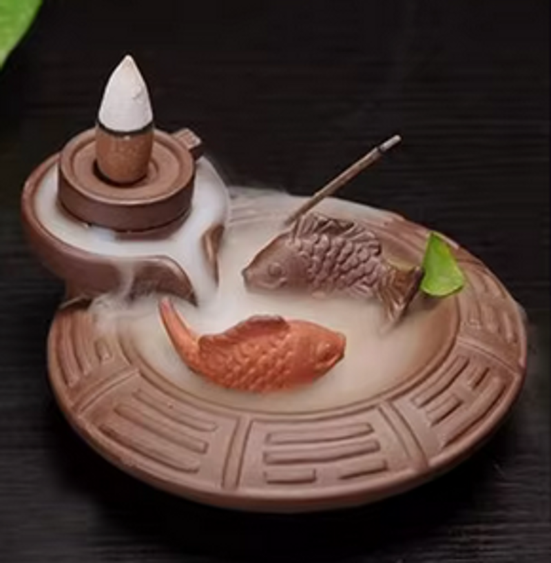 Chinese Ceramic Millstone Backflow Cone Holder fish statue Porcelain Incense burner_voghion.com