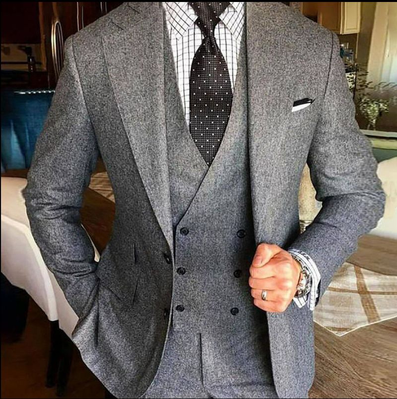 Grijs herenjack met viskop Business Casual pak Driedelig bruidsjonkerspak voor heren_voghion.com