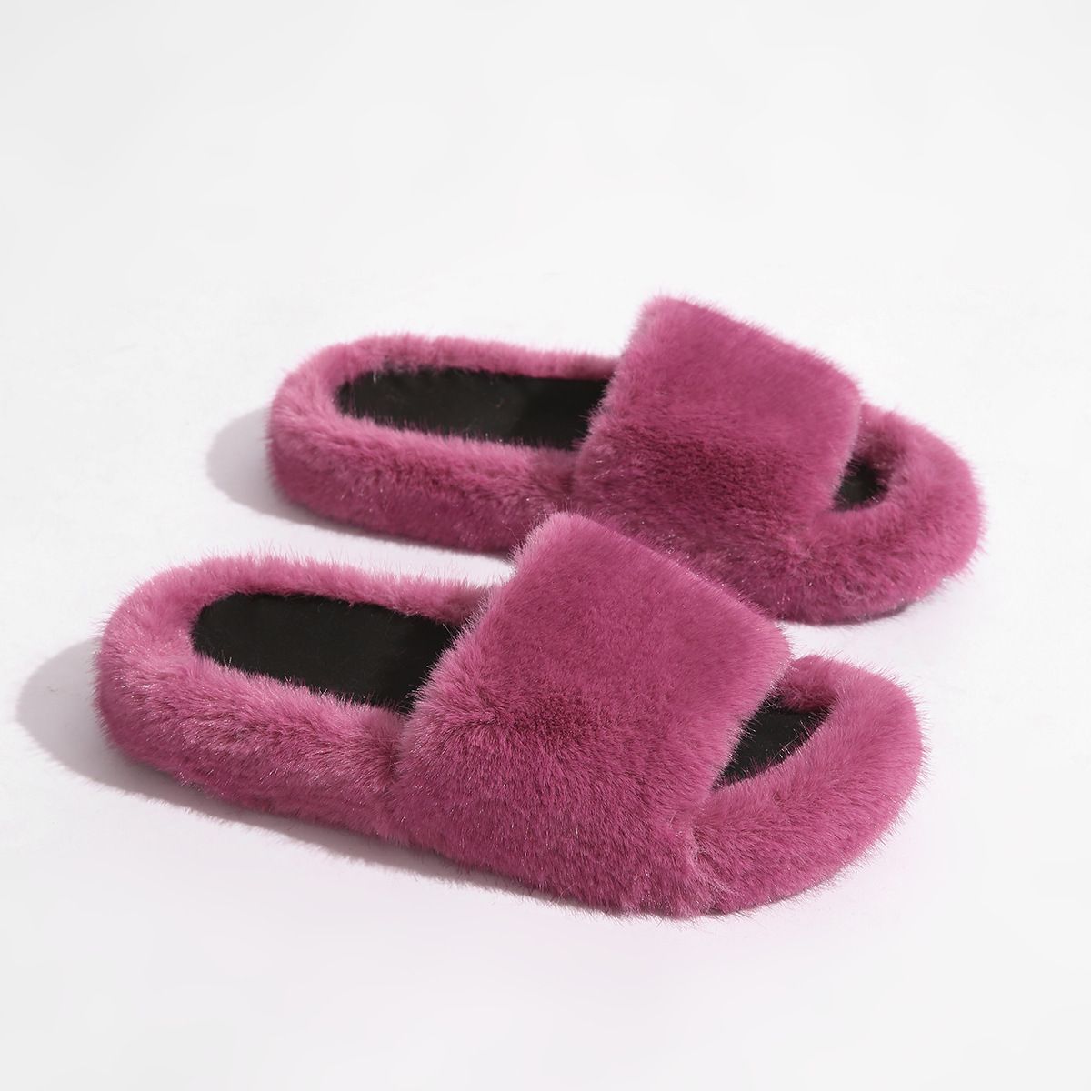 Y2K Punk Style Faux Fur Slippers - Cozy PVC Indoor Slides For Women & Men, Soft Plush Home Shoes, Trendy Gothic Fashion Footwear_voghion.com