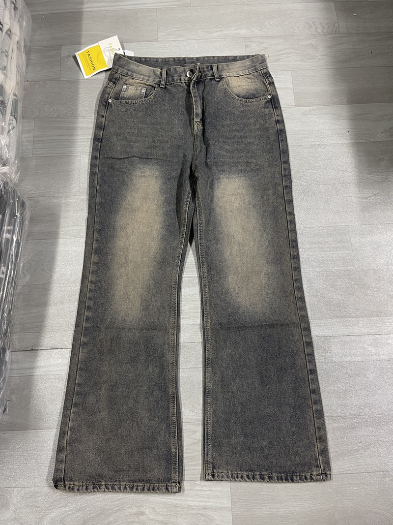 Erkek Giyim Festivali Gün Batımı Bulanık Boyama Yıkanmış Eskitilmiş Bacaklar Çizme Paça Geniş Paça Bol Kot Pantolon_voghion.com