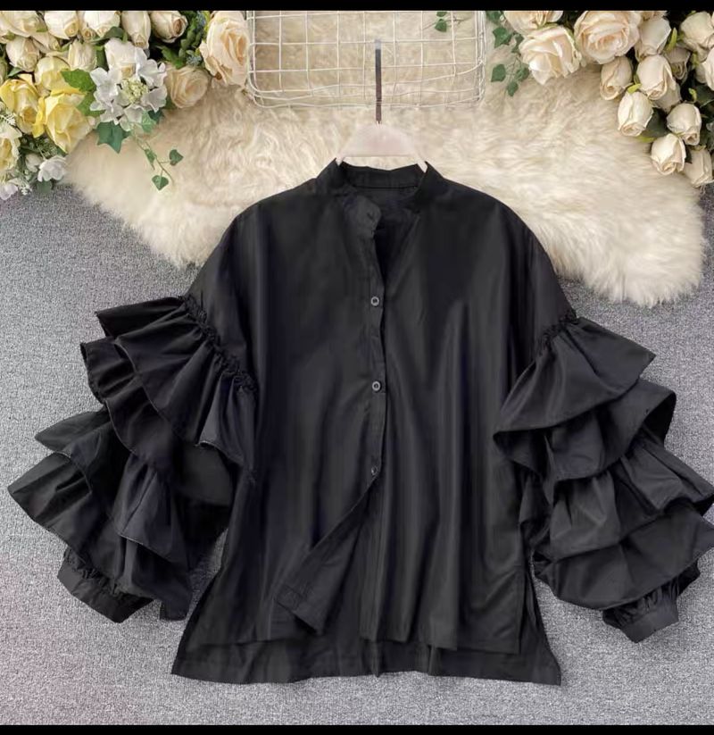 Camicia da donna multistrato con maniche a tromba arricciate, ampia e versatile, con piccolo collo alto_voghion.com