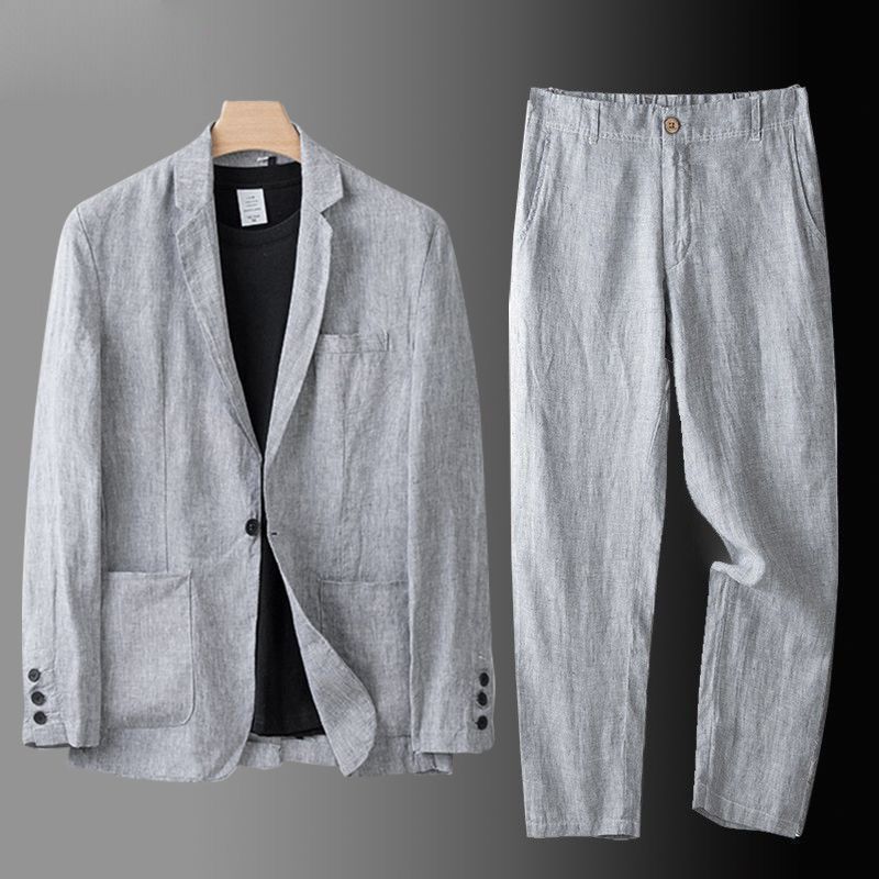 Completo casual da uomo in lino, ampio e sottile, in cotone e lino, due pezzi_voghion.com