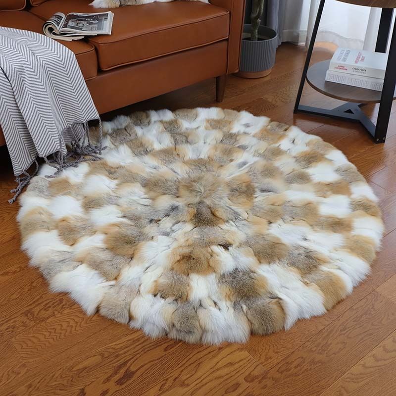 Fox fur living light luxury fur, bedroom, bedside study, circular carpet, model room, coffee table carpet_voghion.com