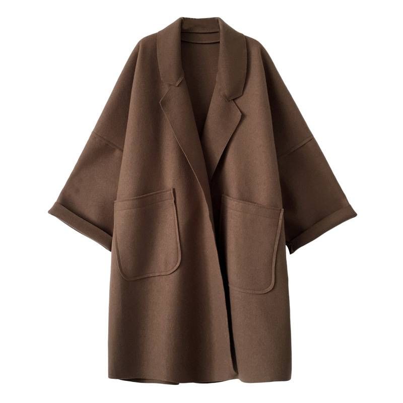 Elegantiškas vilnonis žieminis paltas moterims Vintažinės vėjo striukės vidutinio ilgio laisva, nuleidžiama apykaklė, plius dydis 4XL_voghion.com