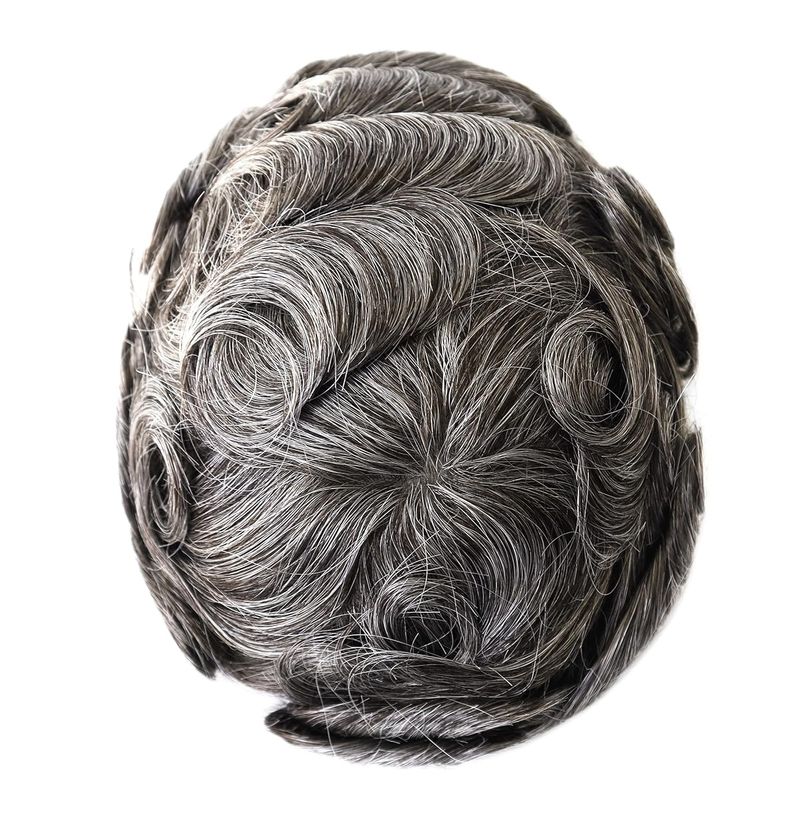 Thin Skin Knotted Toupee For Men 0.08mm Base Hair Pieces Human Hair Replacement System Natural Hairline Men Wigs Dark Brown With 40% Grey Hair #340_voghion.com