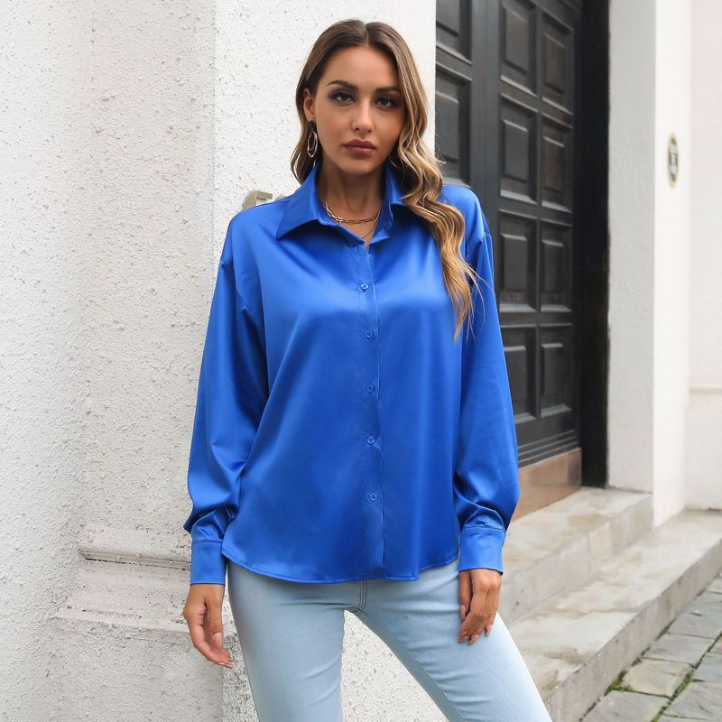 Camicia da donna di media lunghezza a maniche lunghe a maniche lunghe in raso di alta qualità a quadri_voghion.com
