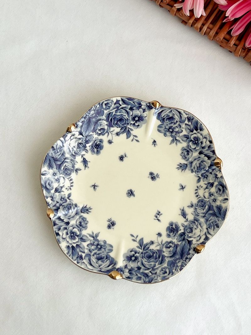Stunning Single Palace Style Cream Yellow Base With Blue Flower Ceramic Plate Coffee Cup 250ml_voghion.com