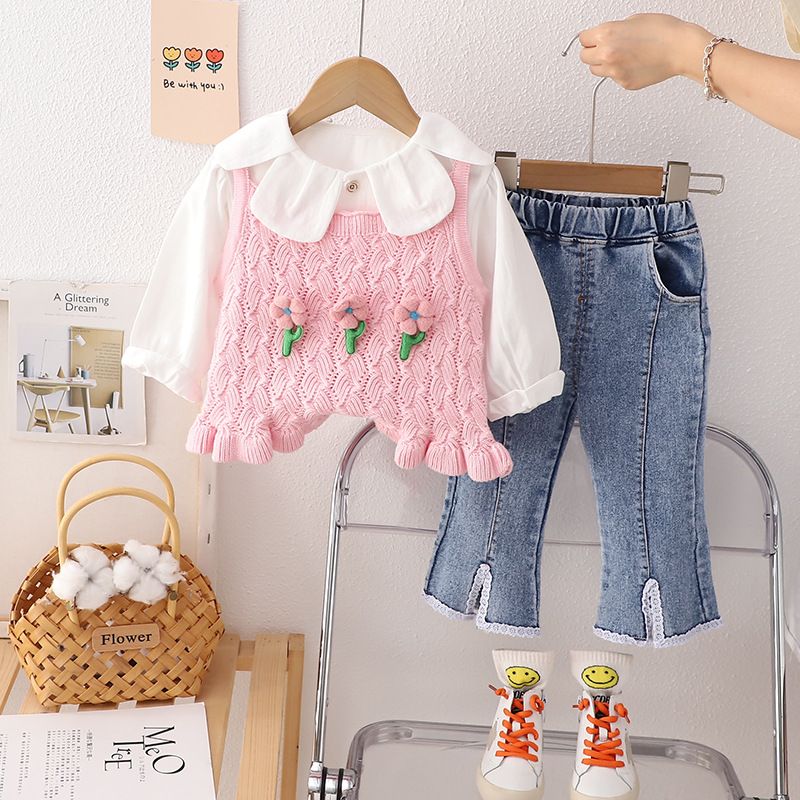 Mädchen Weste Frühling Herbst Gestrickte Pullover Drei Stück Modische 2024 Neue Mädchen und kinder Set Nette_voghion.com