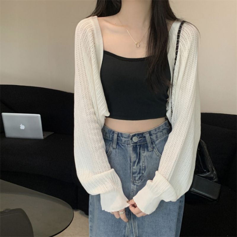 Schal Sonnenschutz Strickjacke Für Frauen Sommer Dünne 2025 Neue Stil Gestrickte Weste Top Leibchen Kleid Cover-Up_voghion.com