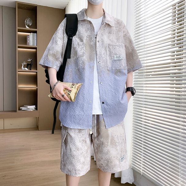 Herrenbekleidung Farbverlauf Kurzarmhemd Herren Sommer Halbarmanzug Lässige Vielseitige Jacke im Hong Kong-Stil Bedrucktes Hübsches Hemd_voghion.com