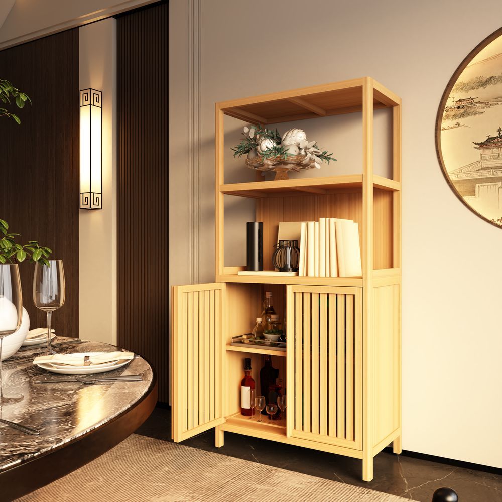 Bamboo Storage Cabinet, Freestanding Bathroom Cabinet With 2 Doors, Floor Cabinet Organizer For Living Room, Kitchen, Entryway_voghion.com