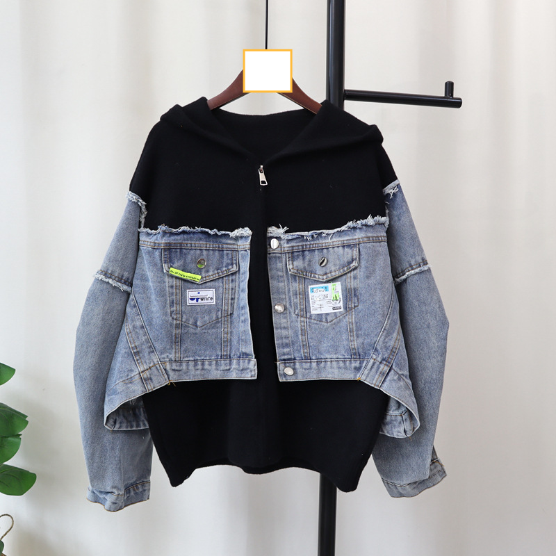 Women's Clothing Hooded zipper stitching denim knitted double sided wool cardigan 2024 autumn and winter new loose casual sweater jacket for women_voghion.com
