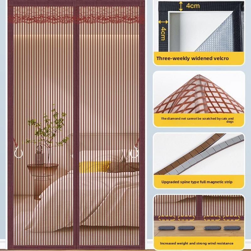 Magnetic Mesh Screen Door – Heavy-Duty Stainless Steel, No-Drill Installation – Modern Striped/Gray/Brown Design_voghion.com