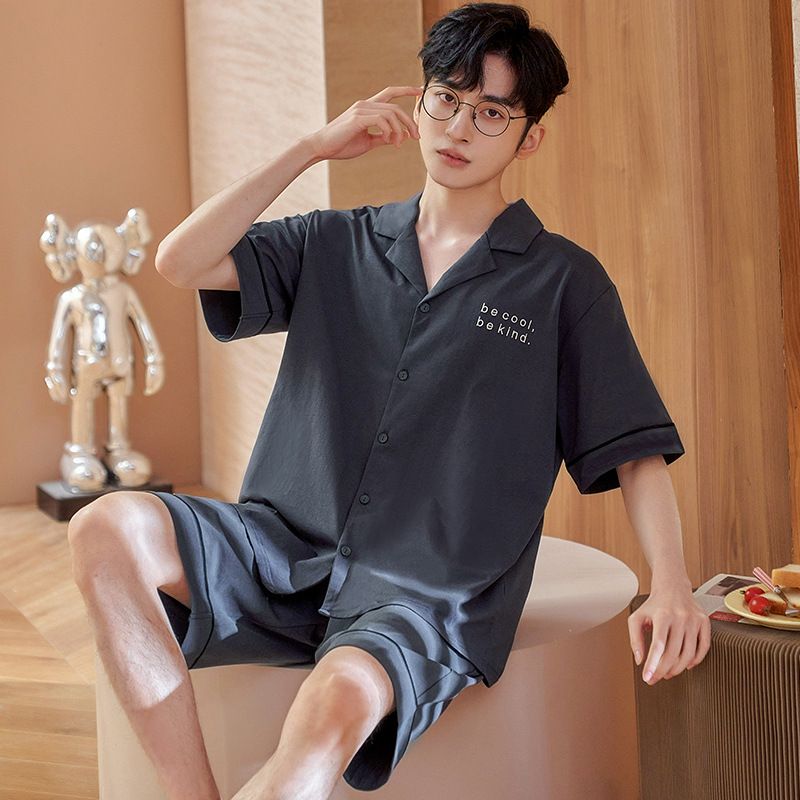 Men's summer pajamas, short sleeved shorts, cotton cardigan, collar, cartoon loose fit, plus size youth home suit set_voghion.com