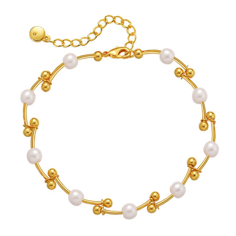 Perlenarmband Persönlichkeit geknotete goldene runde Perlen Kupferrohrdesign Handschnur Transferperlen Glücksbringer Handschmuck mit K Echtgold überzogen_voghion.com