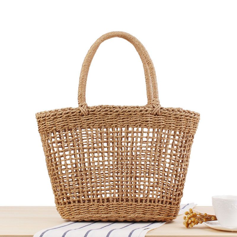 Sac à main bohème fait à la main en paille creuse pour femmes, sacs de plage tissés d'été, fourre-tout à poignée supérieure, sac en filet à la mode en maille_voghion.com