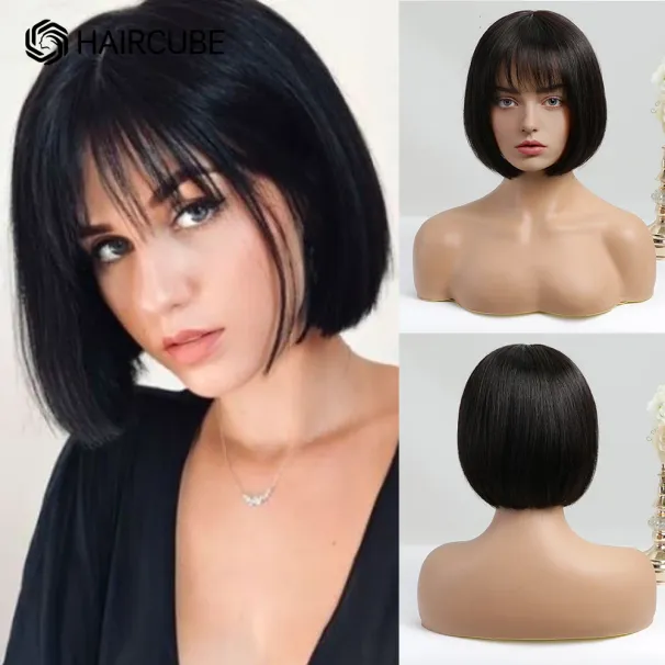 100 % Remy-Menschenhaar, honigblond, Bob, kurz, natürlich, glatt, maschinengefertigte Perücke mit Pony, Echthaar, 10-Zoll-Perücke für den Alltag für Frauen_voghion.com