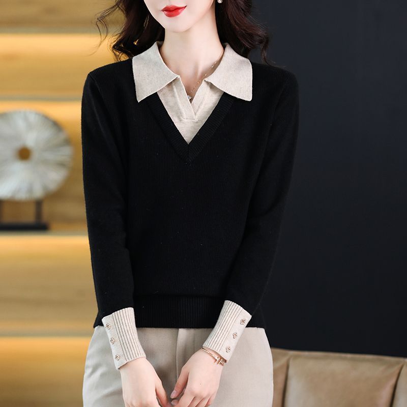 【 Cashmere Family 】 Kragen Wolle zweiteiliges Strickoberteil Temperament lose dünne Pullover Damen kurz_voghion.com