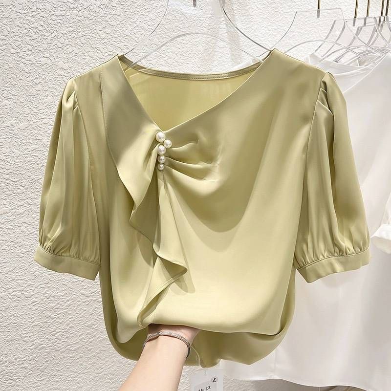 Camicia da donna in chiffon a maniche corte con collo sottile, pieghe irregolari, perline, estate femminile_voghion.com
