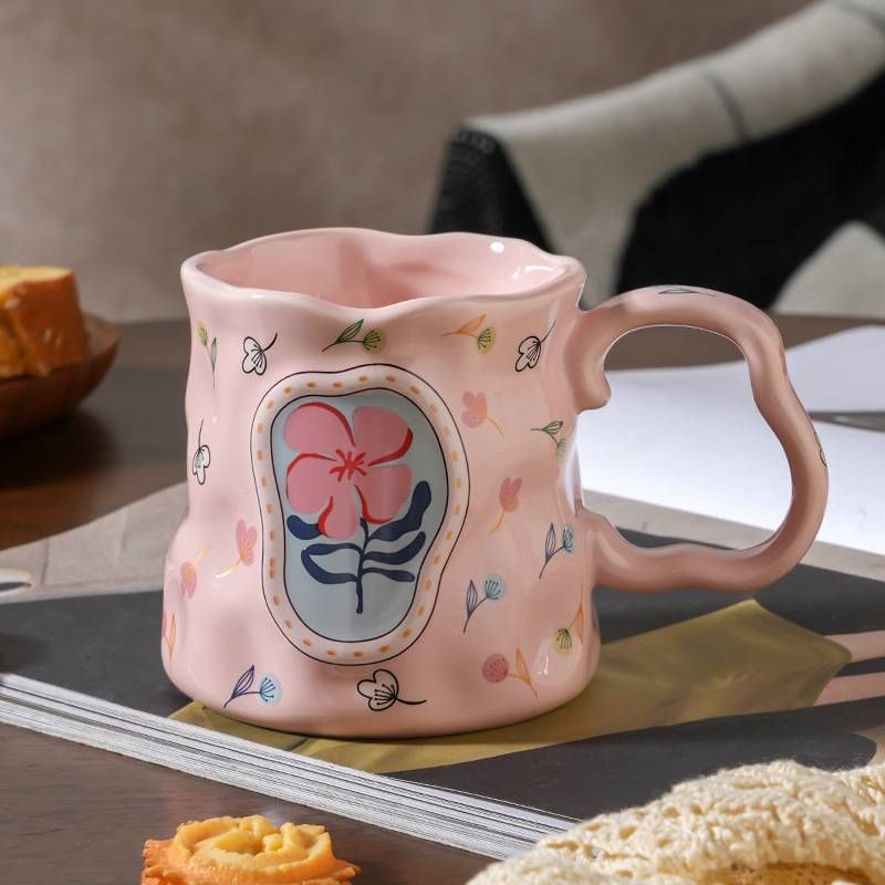 Caneca de cerâmica com flor retrô, caneca criativa e requintada, copo de água potável de alto valor para casa_voghion.com
