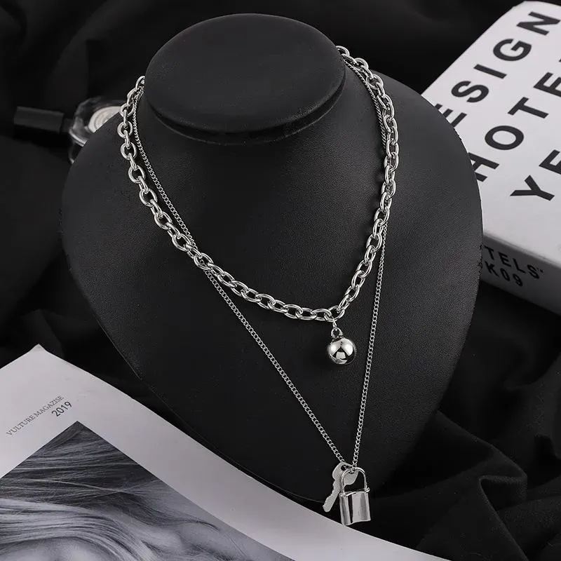 Verige Ključavnice Glava Dvoslojna ogrlica Pulover Veriga Dodatki Osebnost Hipster Choker Hip Hop Kreativno_voghion.com
