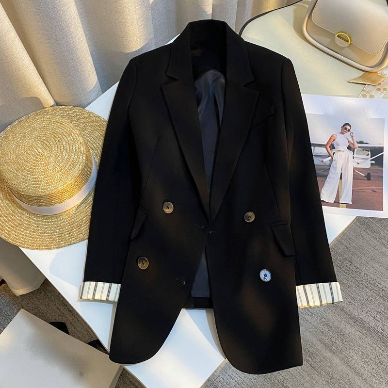 Damenbekleidung Schwarze Spleißanzugjacke Frühling High-End-Mode Pendeln Vielseitiger Temperament Freizeitanzug_voghion.com