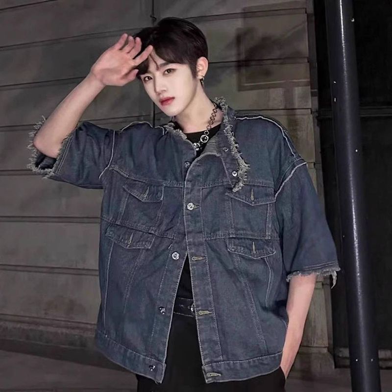 Men's Clothing Denim Short Sleeved T Shirt Men's Summer Trendy Brand Hairdresser High End Men's Half Sleeved Shirt Jacket_voghion.com