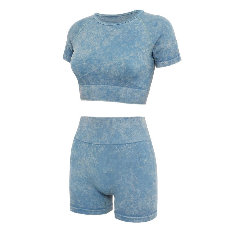 INS Für Frauen Sommer Shorts Kurzarm Sand Washed Denim Fitness Set Yoga Kleidung_voghion.com