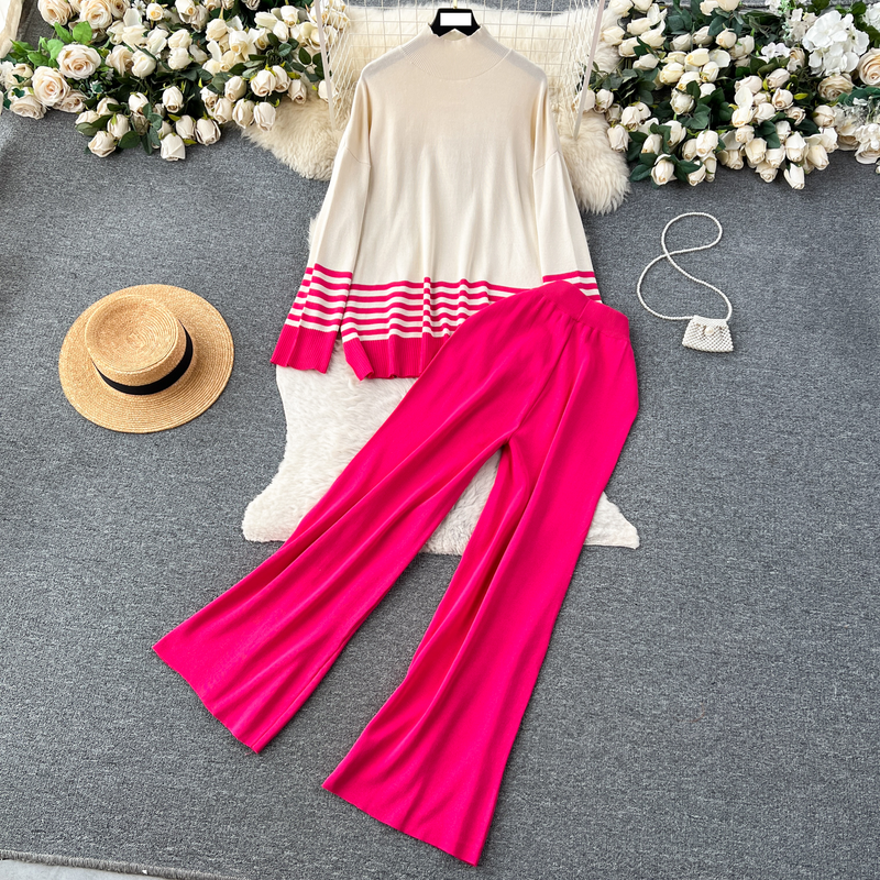 Women's Clothing lazy style loose contrast striped long sleeved knitted tops for women high waist drape trousers women's casual two piece suit_voghion.com