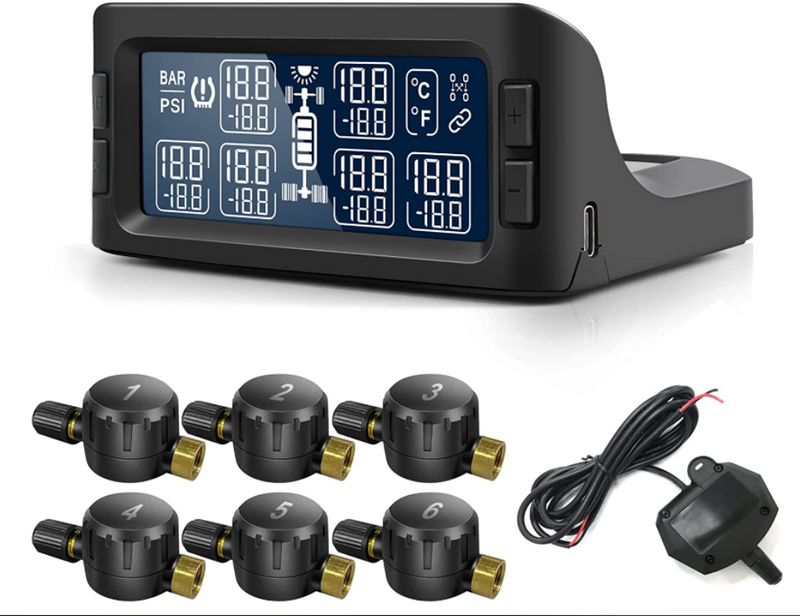 Capteur solaire de pression des pneus PST601PSU6 pour camions à six roues, camping-cars, remorques, bus et engins de chantier. Affichage de la pression des pneus jusqu'à 38 %._voghion.com
