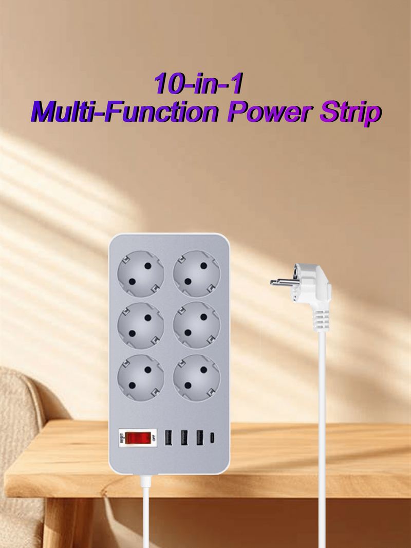 This Is A 10-in-1 Power Strip With 6 AC Outlets, 3 USB Ports, 1 Type-C Port, And 1 Power Button. It Allows Multiple Electronic Devices To Be Connected_voghion.com