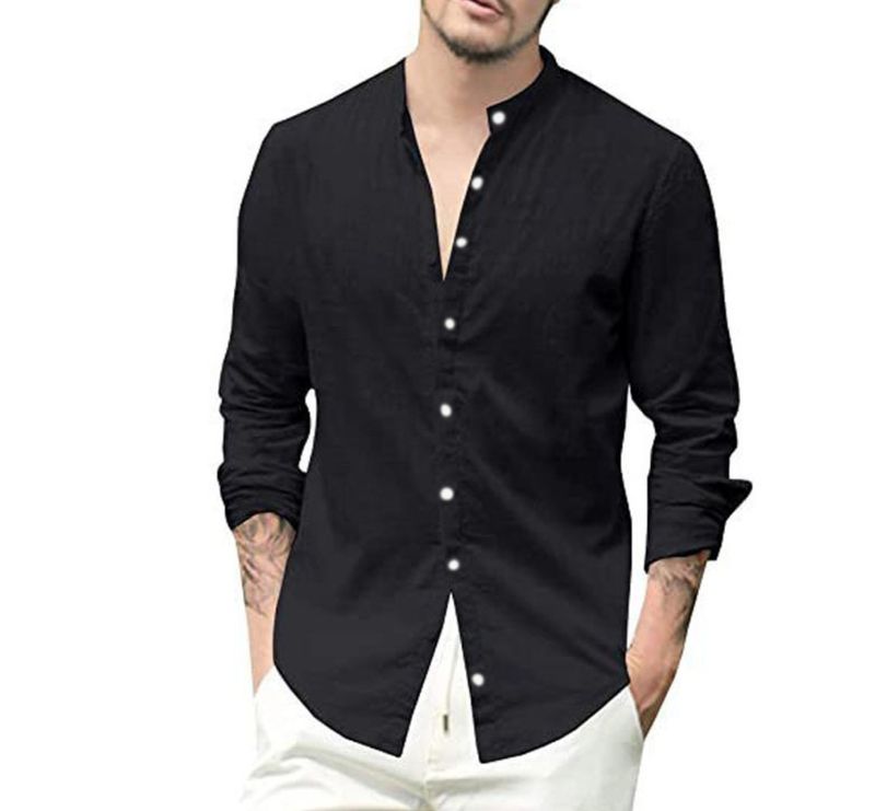 Abbigliamento maschile Nuovo cardigan in lino da uomo, tinta unita, casual, collo alto, camicia a maniche lunghe_voghion.com