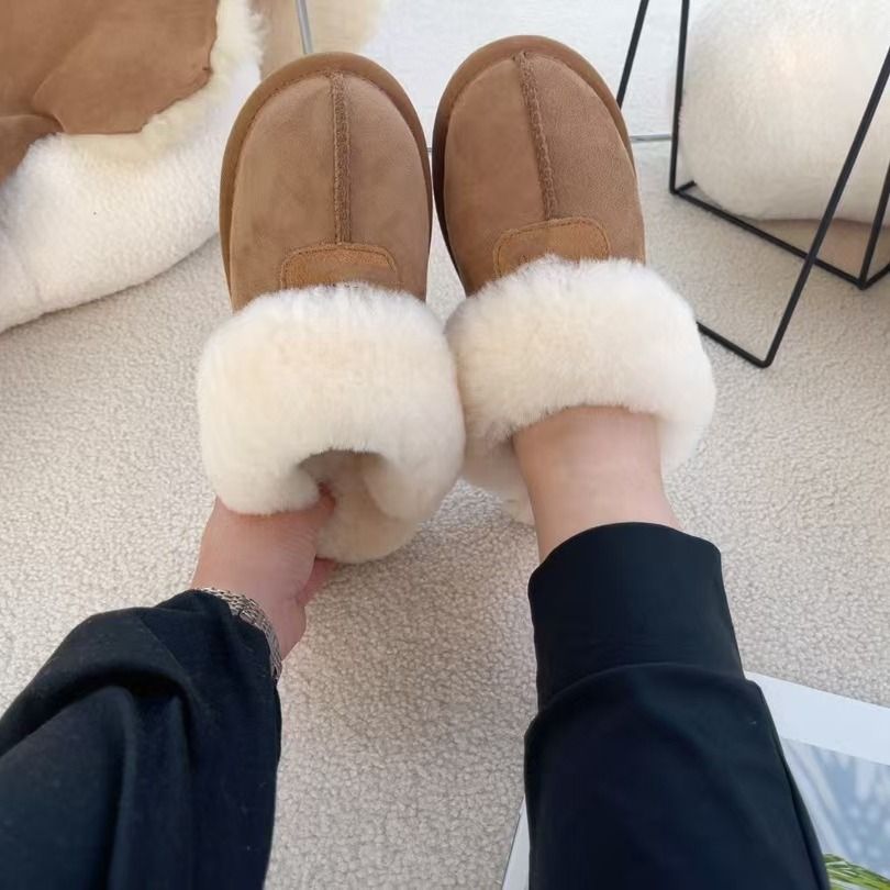 Qiansongyi Hausschuhe im gleichen Stil, dicke Sohle, Wildleder, Rindsleder, Wolle, integriertes Schneefleece-Futter, dicke, warme Baumwollstiefel_voghion.com