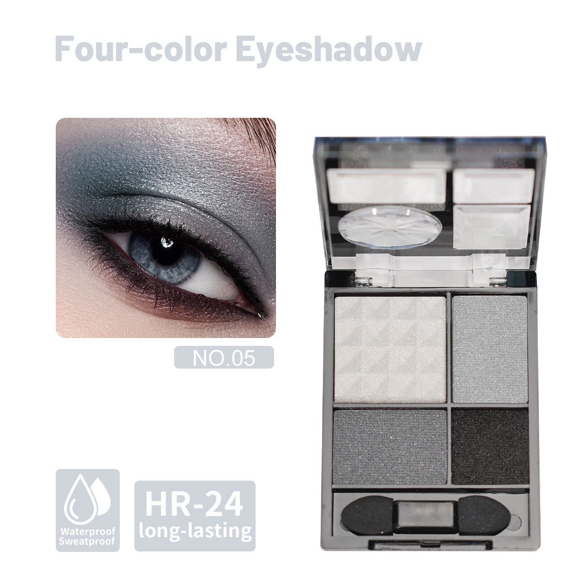 Lidschatten, vierfarbiger Perlglanz-Lidschatten, reich an Farbe, feine Perlglanzpartikel, langanhaltend und nicht leicht zu verblassen, wird mit einem Pinsel geliefert_voghion.com