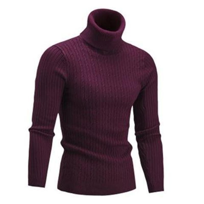 Pull à col haut pour homme, vêtement d'automne et d'hiver, pull tricoté à manches longues torsadées et slim pour homme_voghion.com