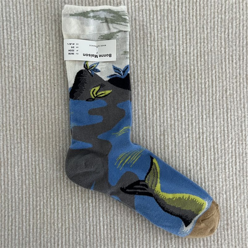 2025d Französischer lustiger Ölgemälde-Stil, künstlerisch, bunt, fröhlich, mittelhohe Nischen-Damensocken aus trendiger Baumwolle_voghion.com