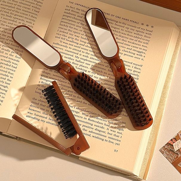Folding Boar Bristle Comb With Mirror Integrated Portable Travel Massage Comb Women's Bangs Fluffy Hair Comb_voghion.com