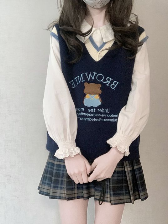 Zoet in een seconde ~ Zoete, schattige teddybeer geborduurde mouwloze lente- en herfst dames gebreide trui, vest,_voghion.com