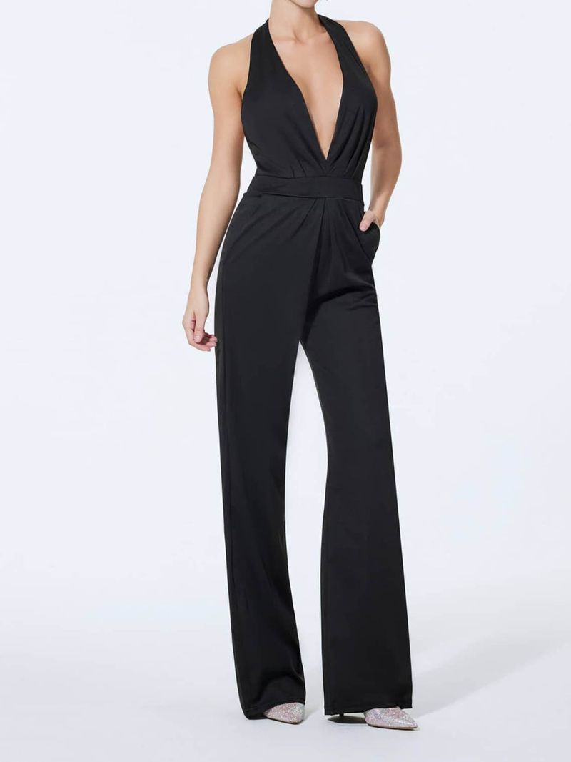 Elegant Halter Neck Jumpsuit For Women - Long Sleeveless One-Piece Romper With V-Neck, Stretchy Polyester, Mid-Waist Fit - (S-2XL)"​_voghion.com