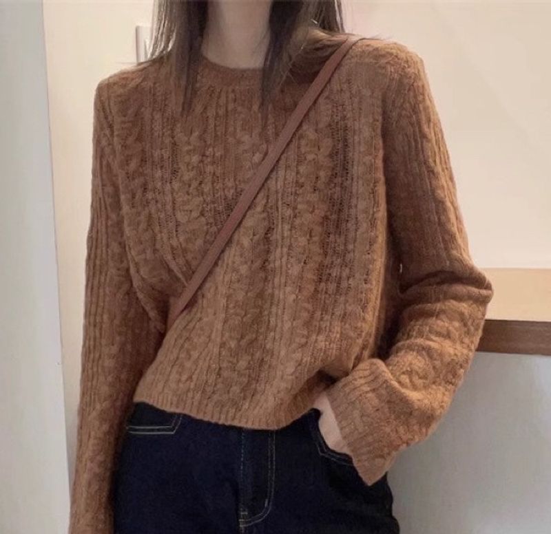 Rosaroter, sanfter, weicher, klebriger Rundhals-Kurzstrickpullover für Damen, süßer, fauler, lockerer kleiner Pullover für Herbst und Winter 2024_voghion.com