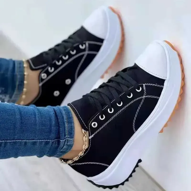 Speedy 2023Classic White Canvas Women Sneakers Solid Lace-Up Casual Platform Shoes For WomenL464_voghion.com