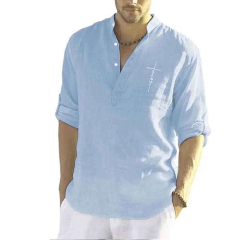 T-shirt a maniche lunghe da uomo autunno e inverno, ampia, tinta unita, in cotone e lino, camicia oversize da uomo_voghion.com