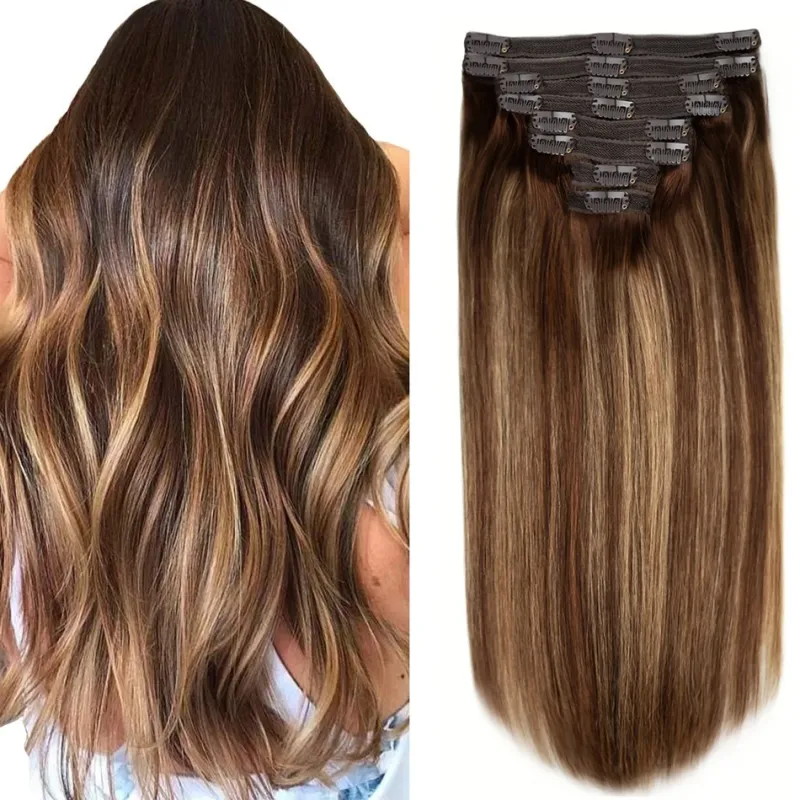 Extensions de cheveux raides à clipser P4/27 Highlight Cheveux brésiliens 100 % humains Extensions de cheveux raides naturels pour femmes_voghion.com
