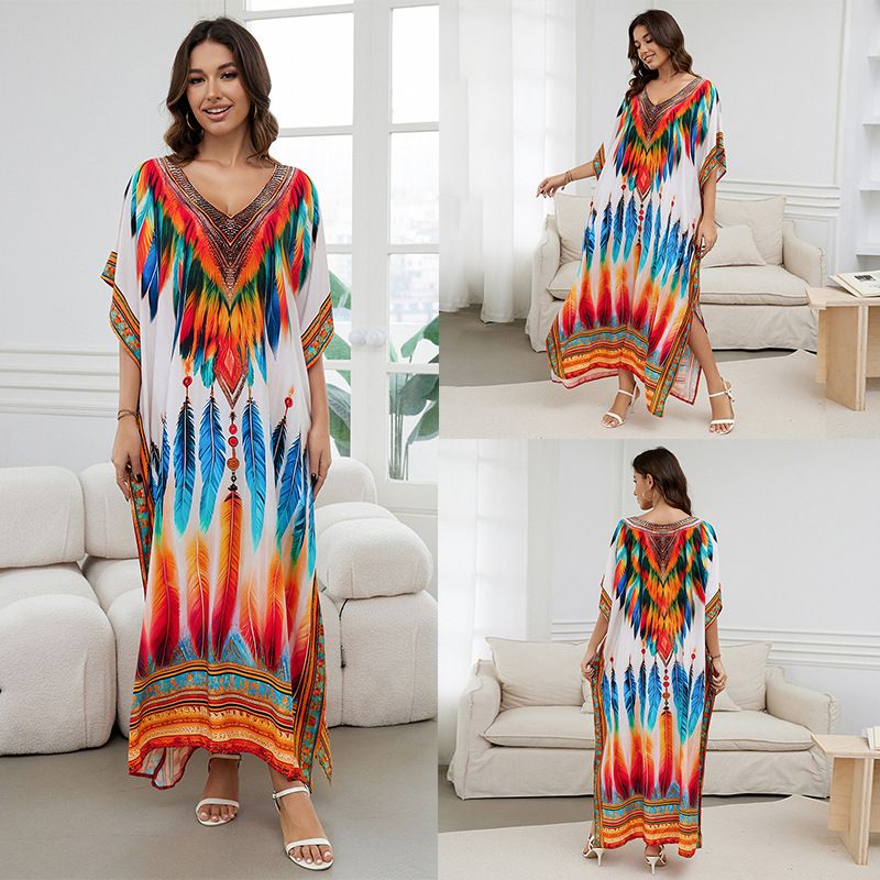 Boho Printed Rayon Kimono Dress – Oversized Beach Cover-Up For Women (Multiple Colors, One Size Fits Most)​_voghion.com