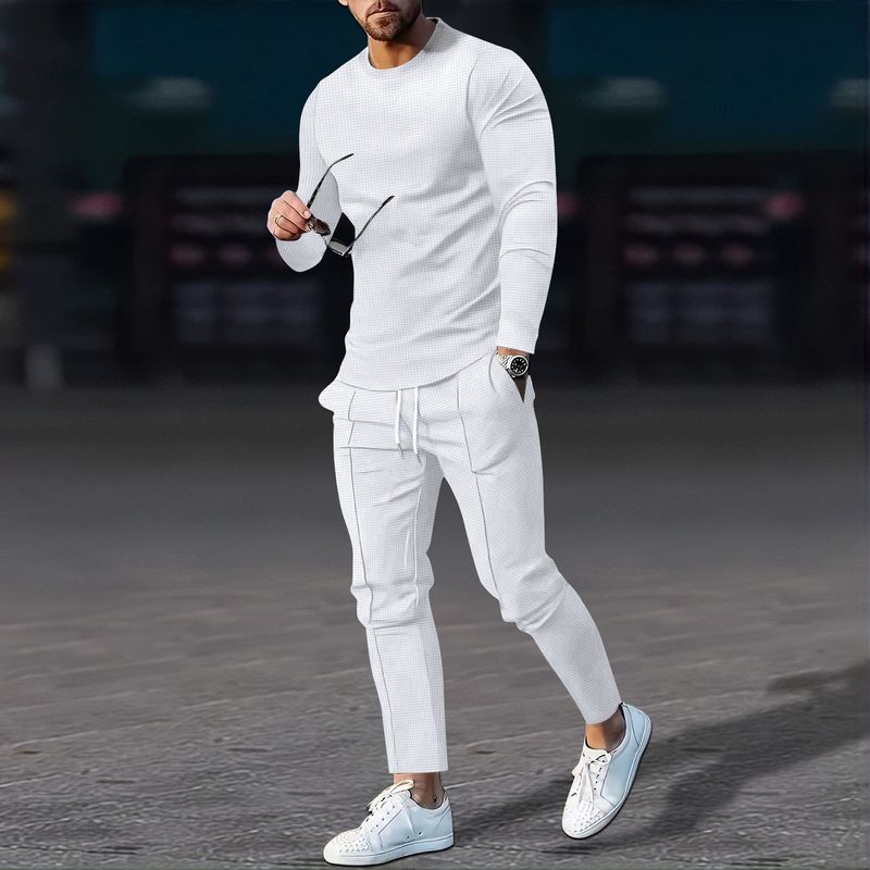 Ensemble pantalon à manches longues et col rond pour hommes, couleur unie, gaufré, nouvelle collection automne 2023_voghion.com
