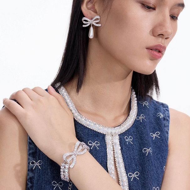 Neue Bowknot Perle Anhänger Ohrringe Strass Halskette Zubehör Für Frauen Schmuck Set_voghion.com