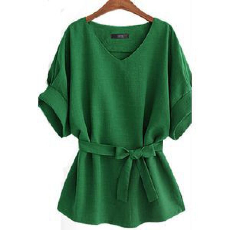 Maglietta estiva da donna a maniche corte con scollo a V e maniche a pipistrello, taglia grande, vita ampia, in cotone e lino_voghion.com